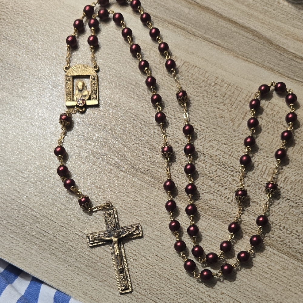Vintage Gold Tone and Burgundy Faux Pearl Catholic Rosary Necklace Cross
